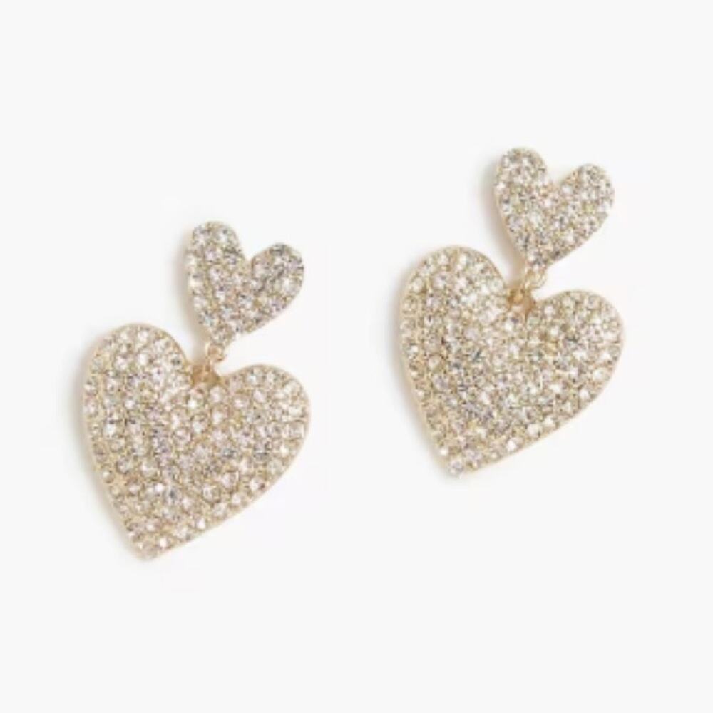 J Crew double stacked pave heart statement earrings
